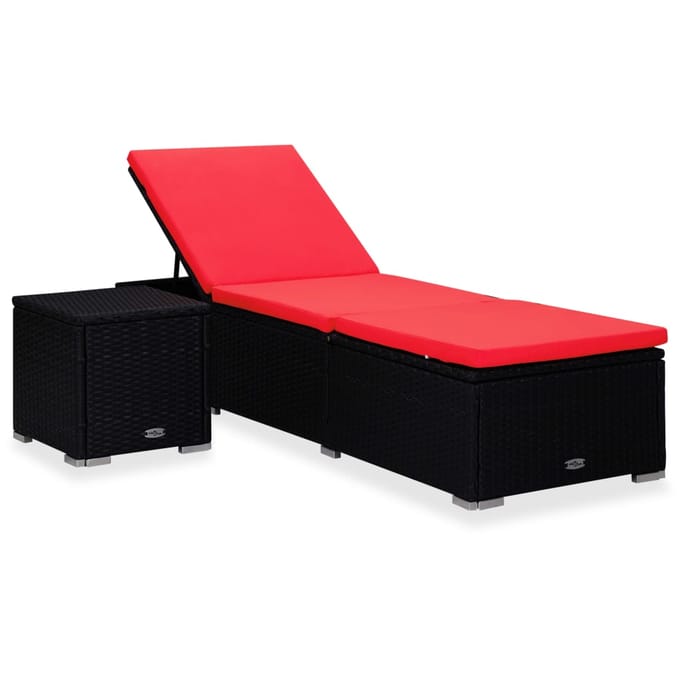 vidaXL - Ligbed - met - kussen - en - theetafel - poly - rattan - rood