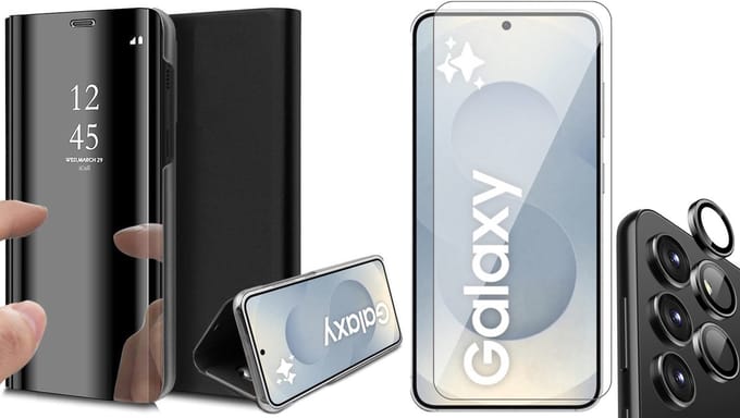 Hoesje geschikt voor Samsung Galaxy S25 Plus - Screenprotector Glas & Camera - Spiegel Book Case Zwart
