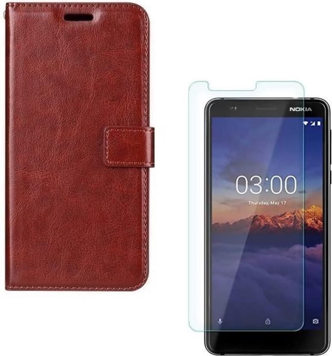 hoesje Geschikt voor: Nokia 3.1 Portemonnee bruin met 2 stuks Glas Screen protector
