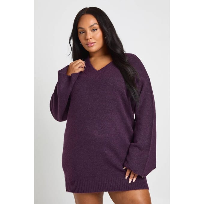 boohoo Dames Plus V-hals jumperjurk | Aubergine | Maat: 46