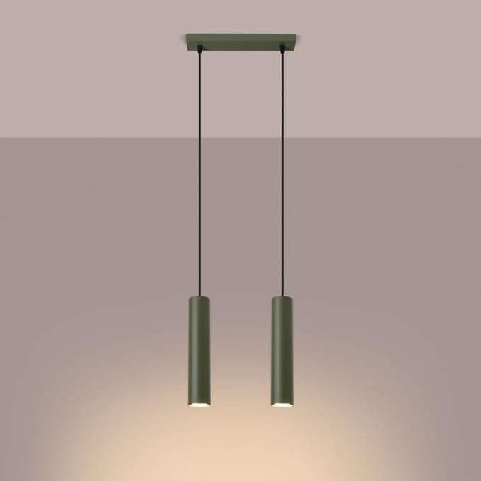 Hanglamp LAGOS 2 met 2 cilindrische kappen naast elkaar - Sollux Lighting - IP20 - Olijfgroen staal behuizing - 30 x 6 x 105 cm - 2 x GU10 LED, exclusief lichtbron - 2 x 10 W - Industriële hanglamp voor slaapkamer, woonkamer en gang