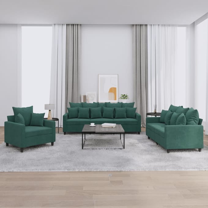 vidaXL - 3-delige - Loungeset - met - kussens - fluweel - donkergroen