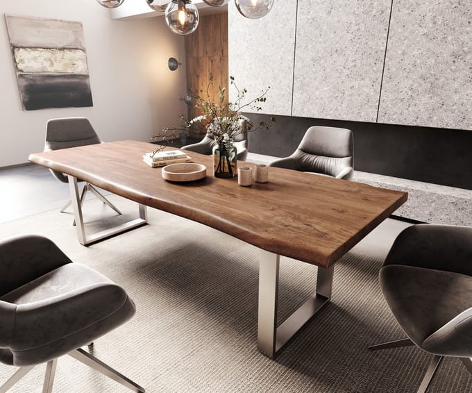 Eettafel Edge acacia bruin 260x100 XL edelstaal smal Live-Edge