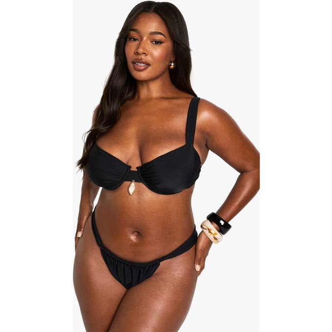 boohoo Dames Plus Shell Trim Ruched Tanga Bikini-ondergoed | Black | Maat: 26
