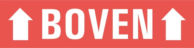 Boven sticker met pijlen, oranje wit 200 x 50 mm