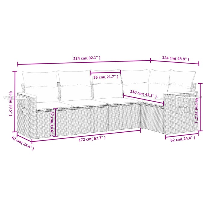 vidaXL - 5-delige - Loungeset - met - kussens - poly - rattan - beige