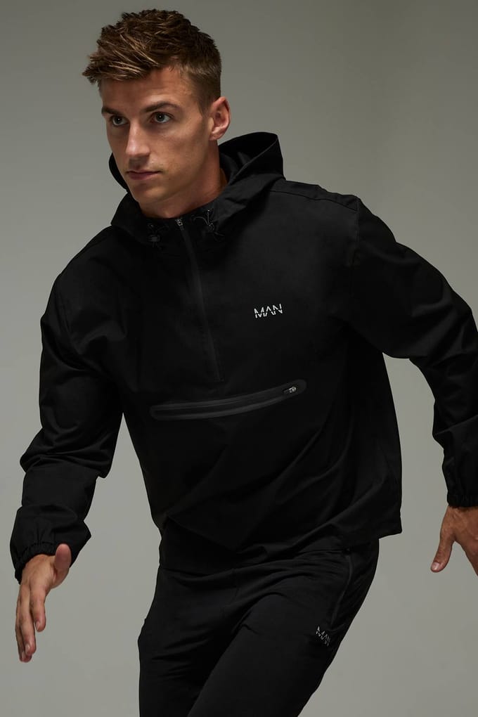 Man Active Regular Fit Half Zip Windbreaker Jacket | Black | Size Small