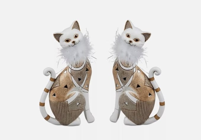 Poes - Beeld - Kat - 2 set - 23x12x6cm - Polyserin - Goud - Wit - Spiegel - Pluche