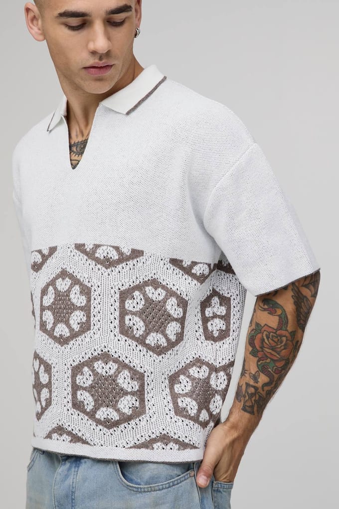 Oversized Boxy Spliced Crochet Tapestry Knitted Polo T-Shirt | Burgundy | Size Medium