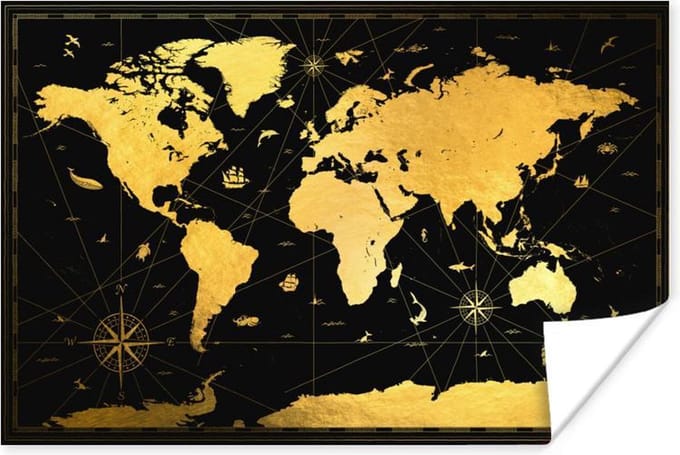 Poster - Wereldkaart - Goud - Zwart - Luxe - 120x80 cm