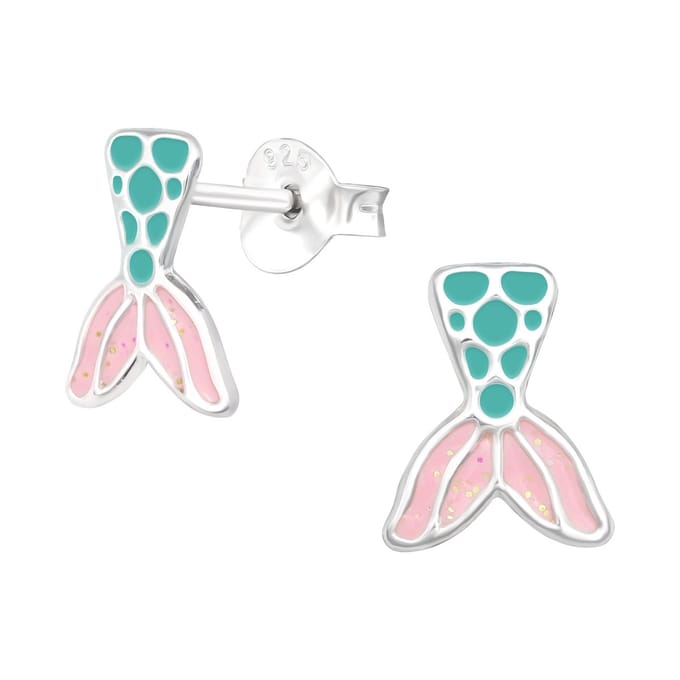 Oorbellen meisje zeemeermin - zilver - turquoise groen - glitter