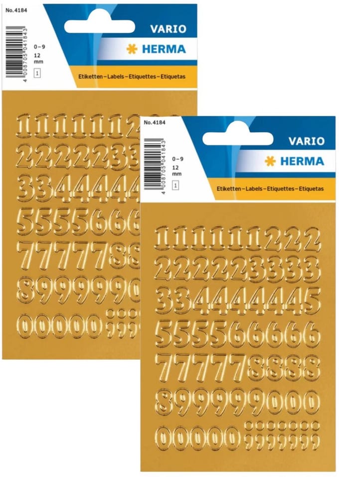 Herma Stickervel nummers - cijfers / getallen - 0 t/m 9 - 2x vellen - goud - 12 mm