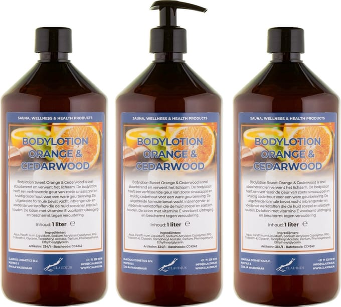 Bodylotion Sweet Orange & Cedarwood 1 Liter - met gratis pomp - set van 3 stuks