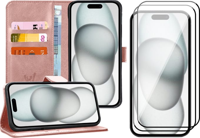 Hoesje geschikt voor iPhone 15 Plus - 2x Screen Protector FullGuard - Book Case Kunstleer Pasjeshouder Rosegoud & Screenprotector