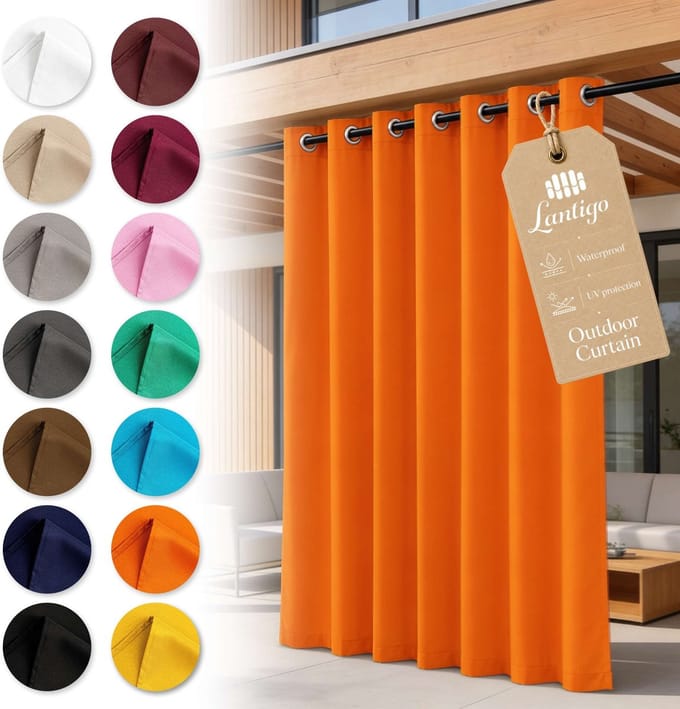 Lantigo Buitengordijn Oranje 155x250 cm waterdicht winddicht | Privacyscherm pergola overkapping tuin ringen set