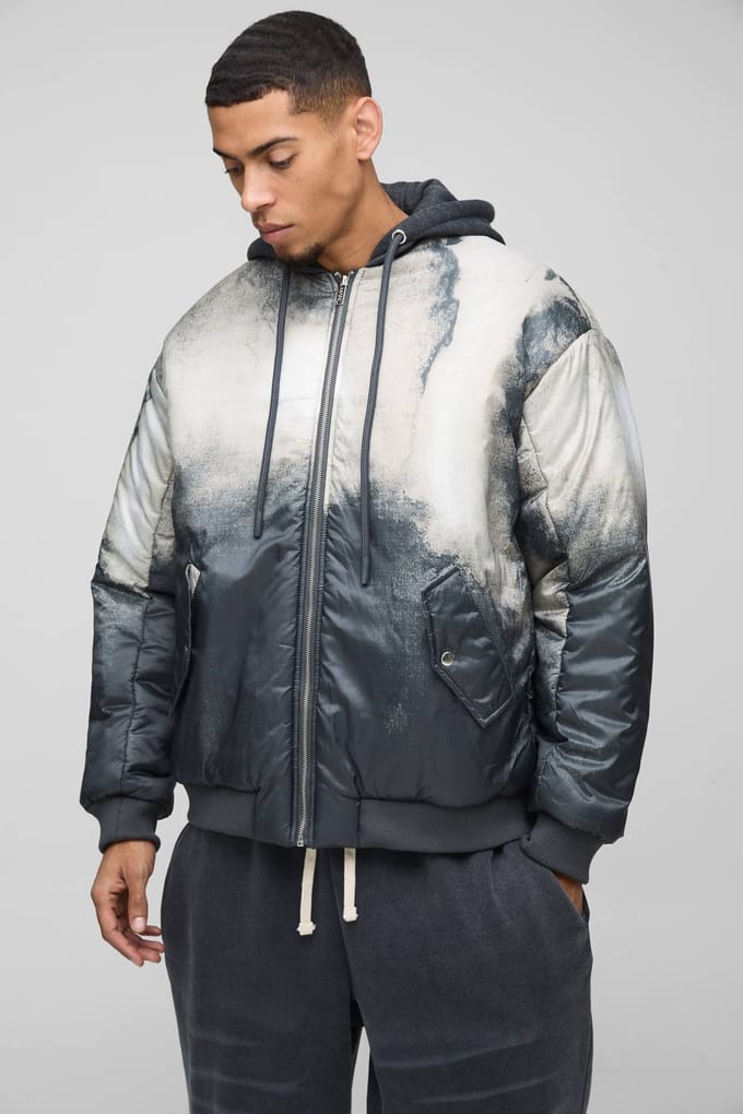 Oversized Abstract Print Hooded Bomber Jacket In Charcoal | Size Medium
