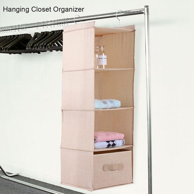 Organisateur de Placard Suspendu Rangement Vêtements 4 Étagères avec Tiroir (Beige) brown