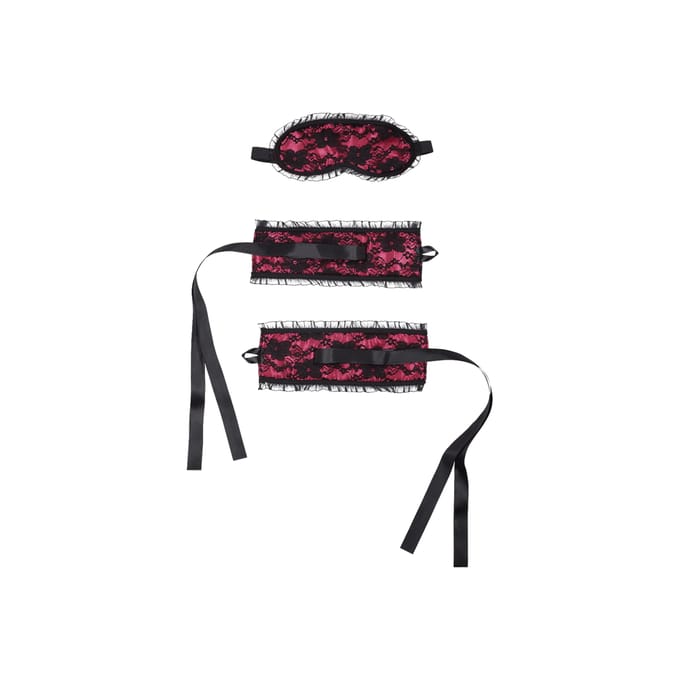 Rimba - Burlesque Handboeien En Masker Van Satijn En Kant - Roze/Zwart