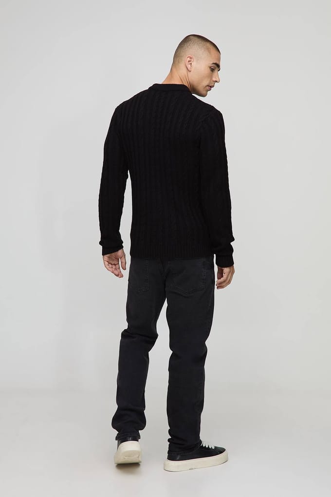 Essential Muscle Fit Cable Knitted Jumper | Black | Size Medium