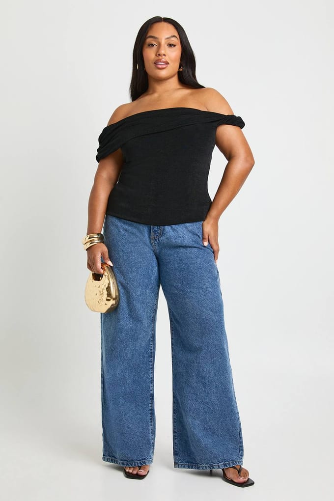 boohoo Dames Plus Bardot Twist Off de schouderloze top | Zwart | Maat: 56