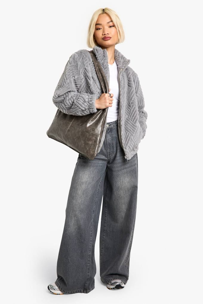 boohoo Dames Textuur Namaakbontjas | Grijs | Maat: 36