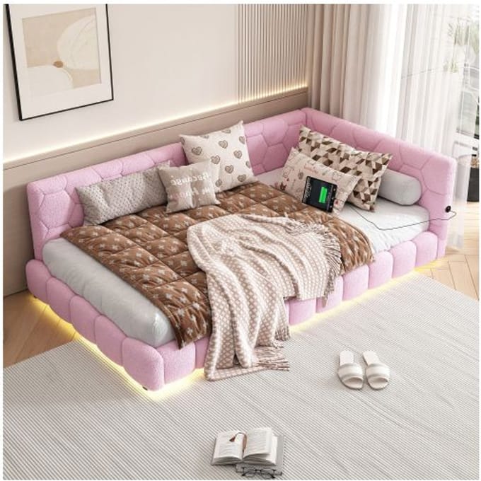 Dagbed, 90*200 cm (zonder matras), 16-kleur sfeerverlichting, USB-interface, imitatieleer, roze