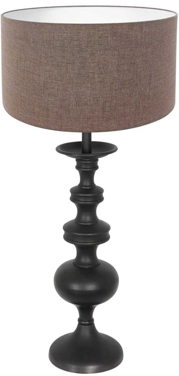 Tafellamp Lyons 3486ZW van Anne Light Home, houten en textielen afwerking, 58 cm hoog, 15 cm diameter, zwart met grijs linnen kap, kantelbaar, tijdloos design voor binnengebruik
