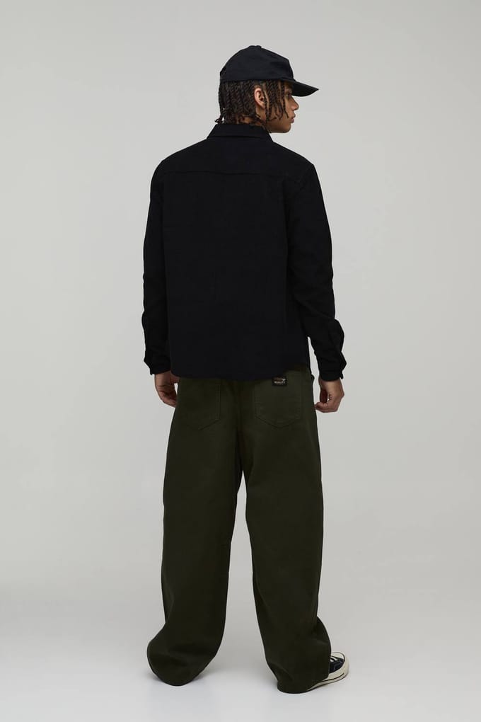 Regular Fit Lange Mouw Corduroy Geweven Tab Overshirt | Black | Size Large
