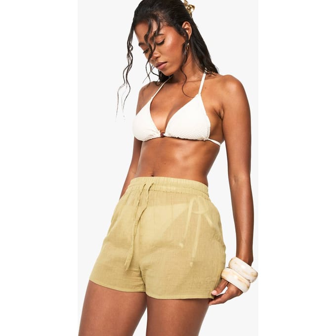 boohoo Dames Cheesecloth Strandshorts | Kaki | Maat: Medium