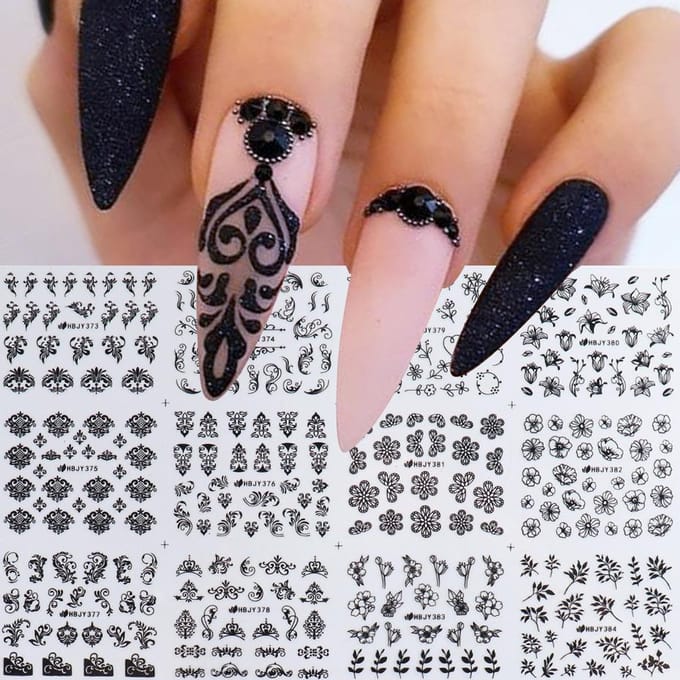 Autocollants pour ongles noirs, feuille de fleur, curseur 3D, décalcomanies pour ongles, Design DIY, conseils de manucure brown