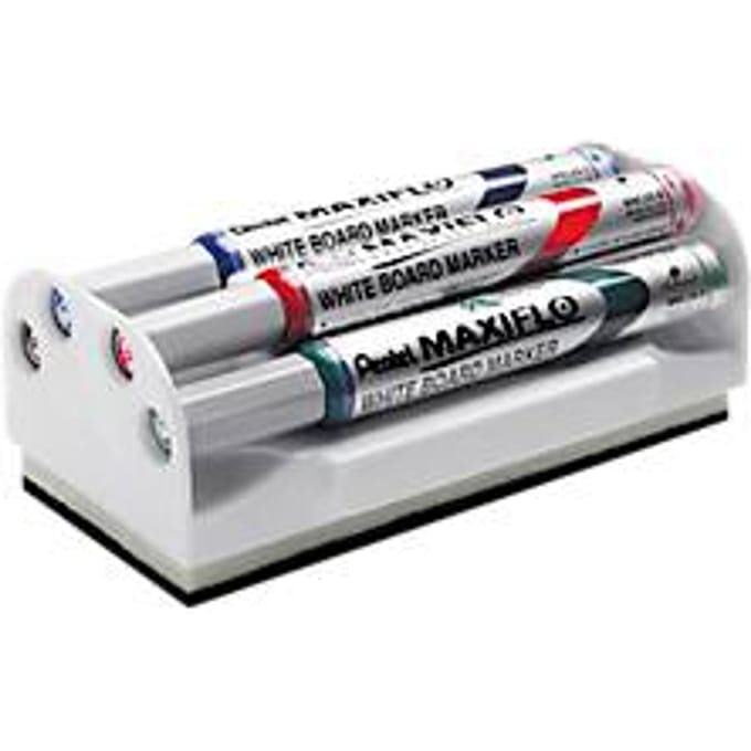 Pentel whiteboardmarker Maxiflow, met wisser, schrijfpunt 2 mm, set van 4