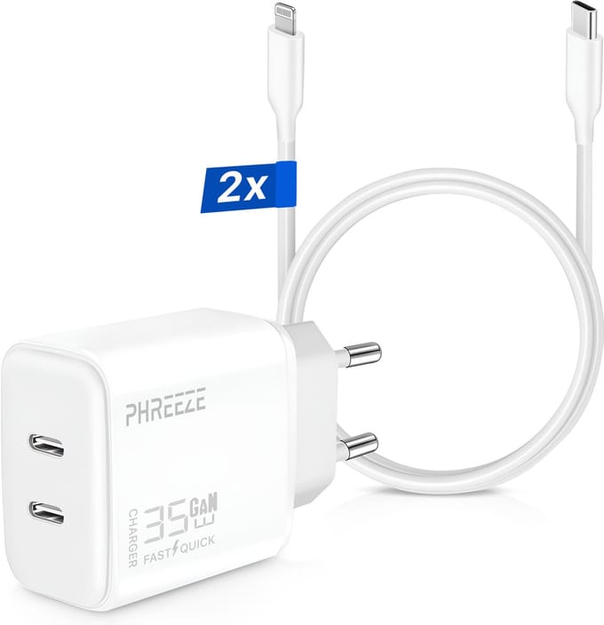 Oplader 35w usb-C 2 poorten + Lightning usb C kabel 2 meter - Snellader / USB-C oplader / Oplaadadapter geschikt voor iPhone 14 / iPhone 13 / iPhone 12