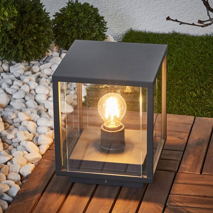 Lucande - Sokkellamp - 1licht - Aluminium, glas - H: 24.5 cm - E27 - donkergrijs, helder