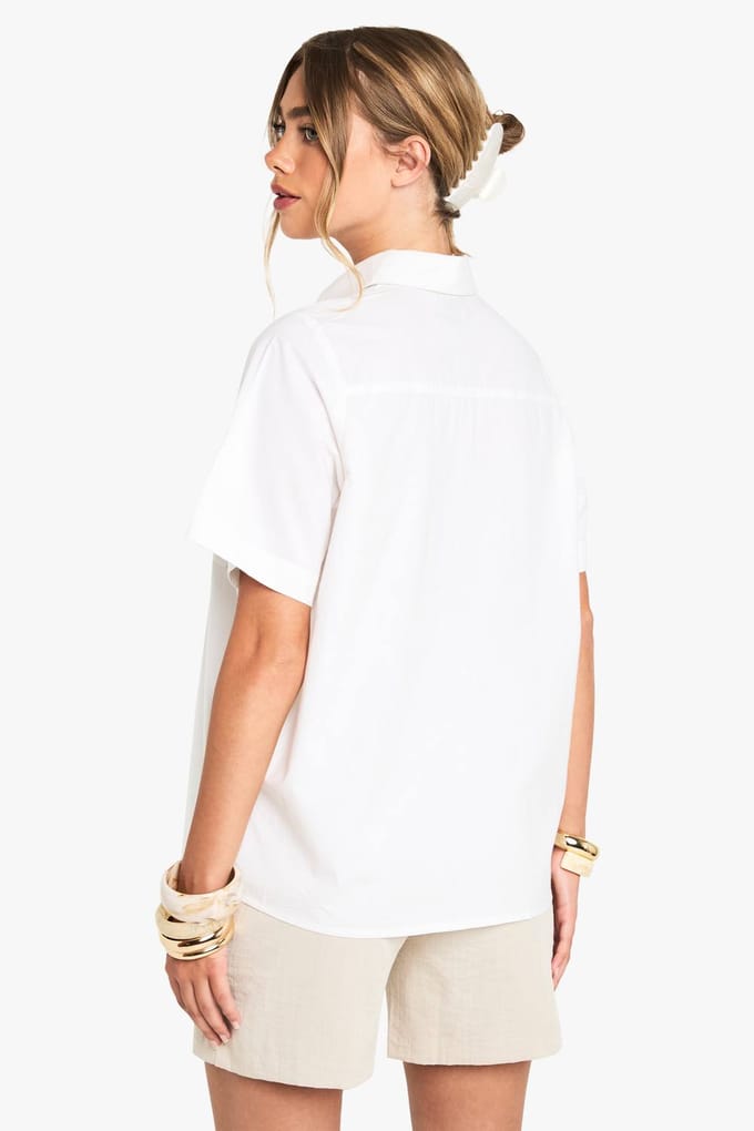 boohoo Dames Katoenen popeline overhemd met korte mouwen | White | Maat: 10