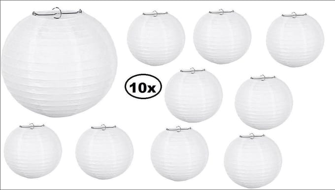 10x Lampion papier wit met draadstalen frame