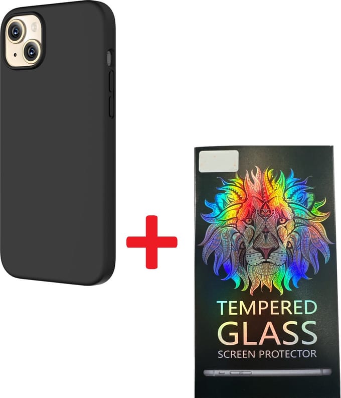 Solid hoesje Soft Touch Liquid Silicone + 1X Screenprotector Tempered Glass - Geschikt voor: iPhone 15 Plus - Zwart