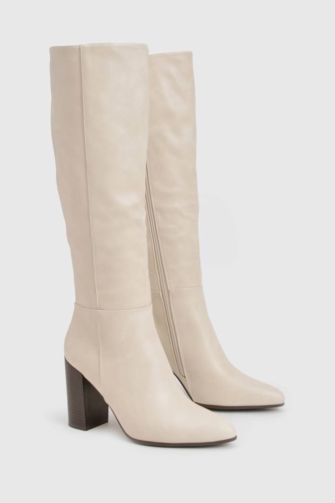 boohoo Dames Column Kniehoge Stacked Hiel Laarzen | Ecru | Maat: 8