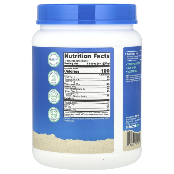 Nutricost, biologische wei-eiwit, ongeflavoreerd, 450 gram (454 gr)