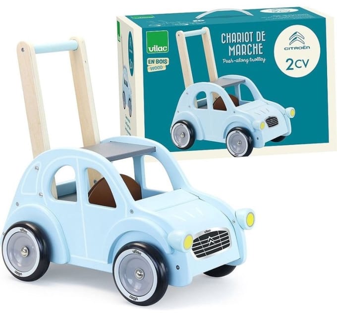 Vilac houten loopwagen Citroën 2CV retro blauw peuterspeelgoed.