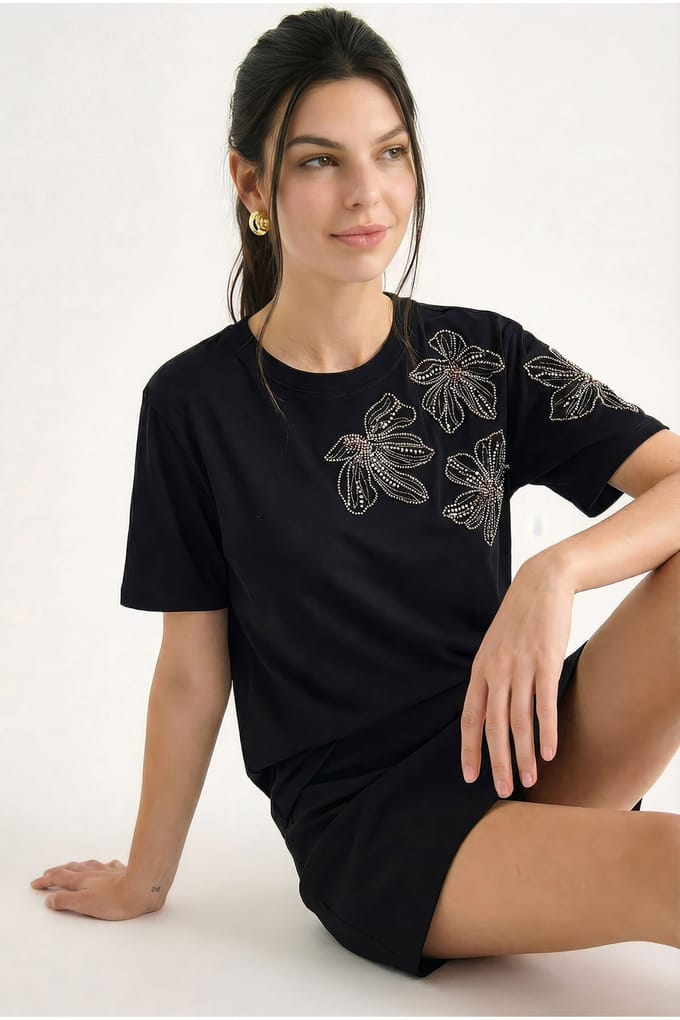 Bloemig Geborduurd Crew Neck T-Shirt