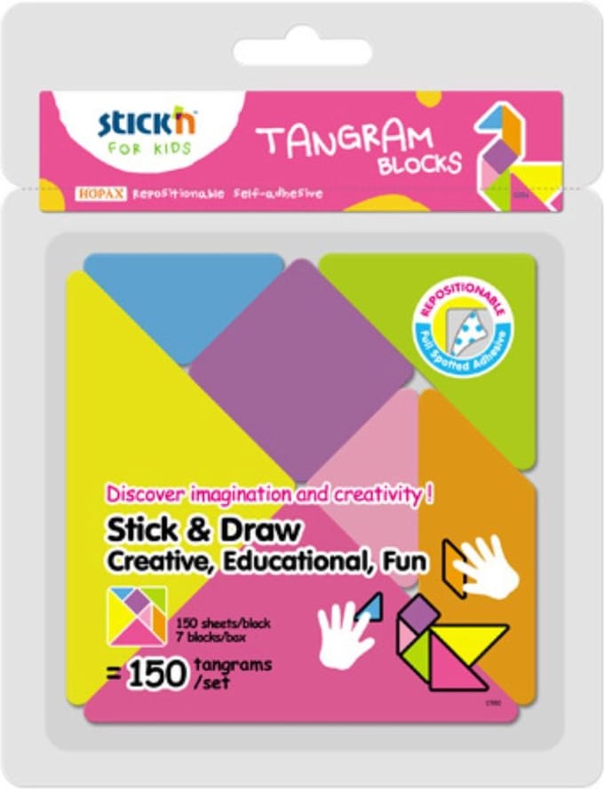 Stick'n Tangram Blocks - 7 Blokken - 150 Sheets per Blok - Kleurenrijk - Zelfklevend
