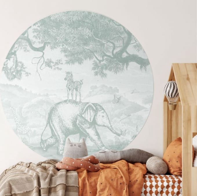 Behangcirkel 60cm Studio Wallz - Baby olifant en zebra schets green