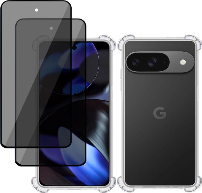 Hoesje + 2x Privé Screenprotector geschikt voor Google Pixel 9 / 9 Pro – Privacy Tempered Glass - Case Transparant