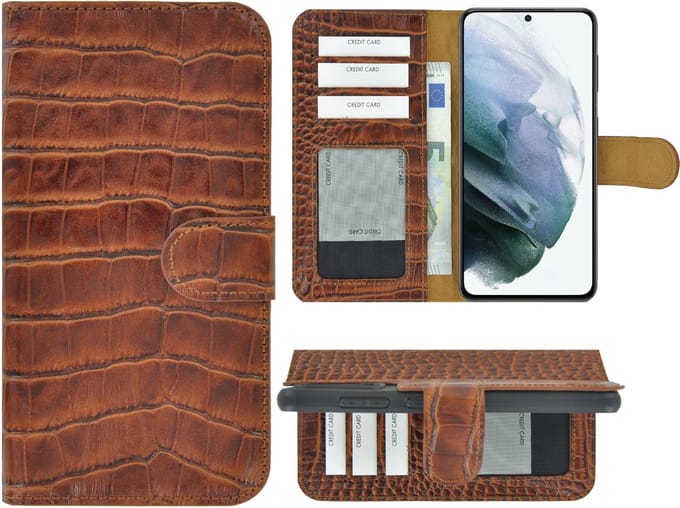 MoDo hoesje Geschikt voor Samsung Galaxy A54 - Echt Leer Book Case - Croco Kaneelbruin