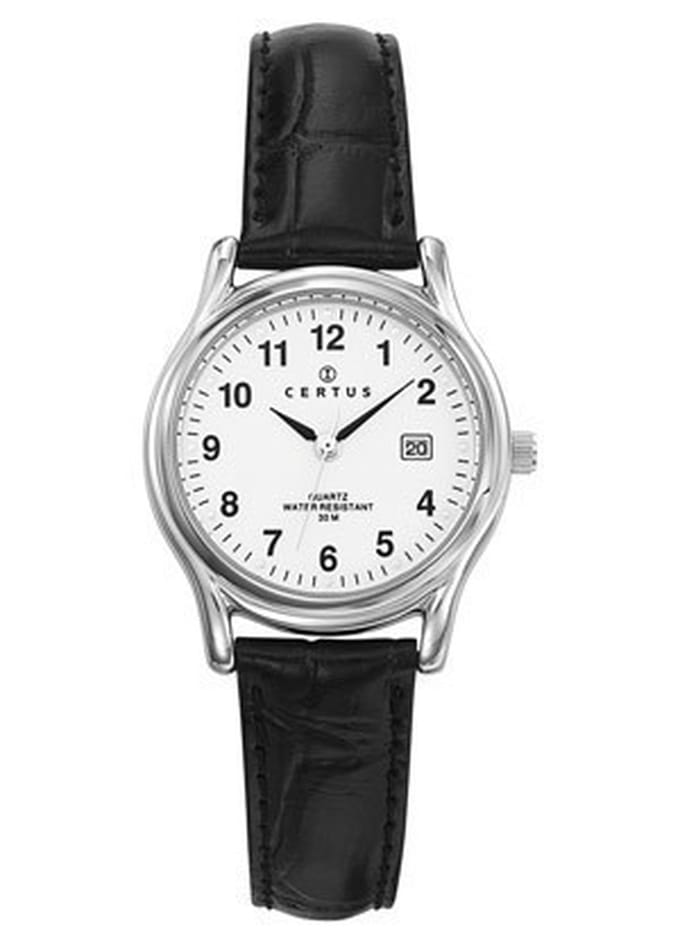 Certus-Duidelijk Dames horloge-Datumaanduiding-Zwart lederen band