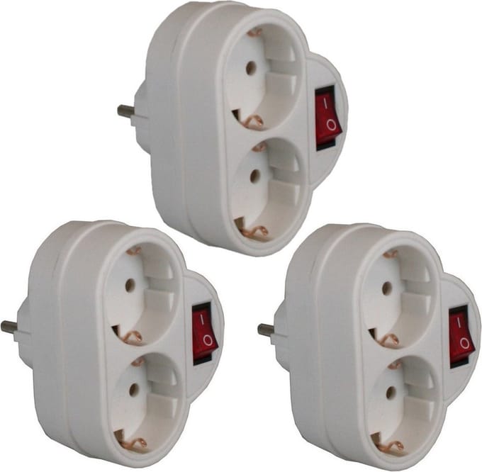 Benson Stopcontact splitter - Pakket van 3x stuks - dubbel wit - met randaarde en schakelaar - Witte stekkeradapters