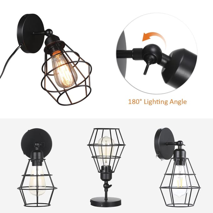 Tomshine AC 220-240V Wandlampenkap E27 Basis met Schakelaar Binnen Wandkandelaar Vintage Stijl EU Plug black
