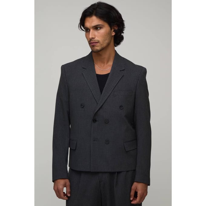 Pinstripe Oversized Boxy Double Breasted Blazer | Charcoal | Size 48