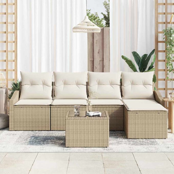 vidaXL Bankstel met kussen met opslag 6 pcs Beige en Crème poly rattan