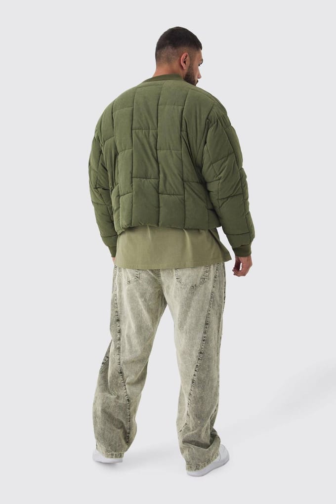 Plus Boxy Peached Square Quilted Bomber Jacket | Khaki | Size 4XL